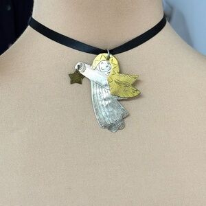 necklace silver brass handmade vintage angel star wings folk art 54" black cord